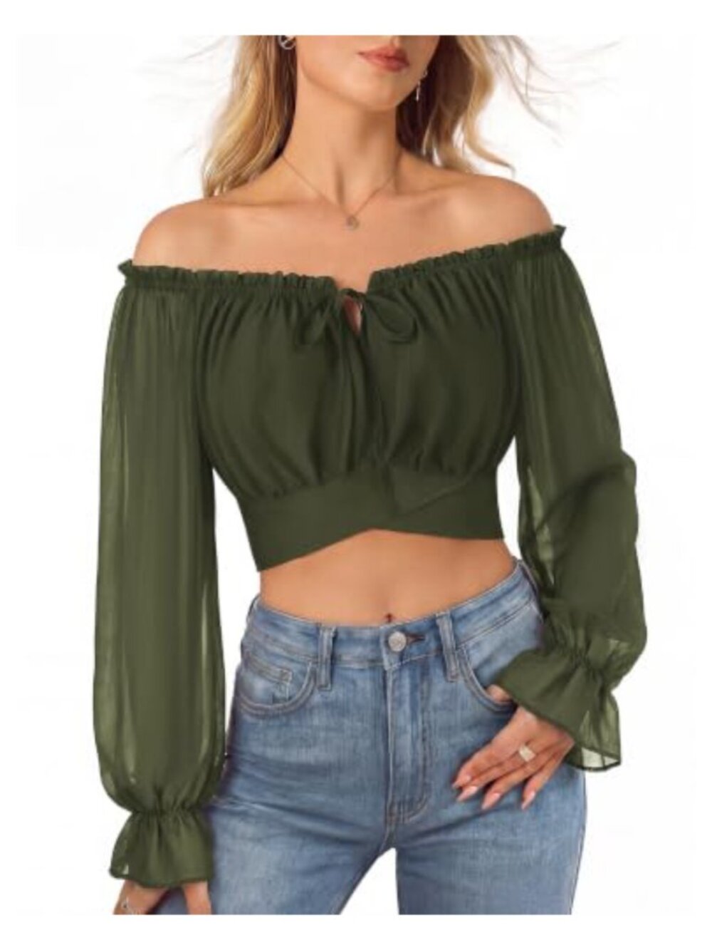 Off Shoulder Crop Top Long Sleeve Blouse Chiffon Tie Front